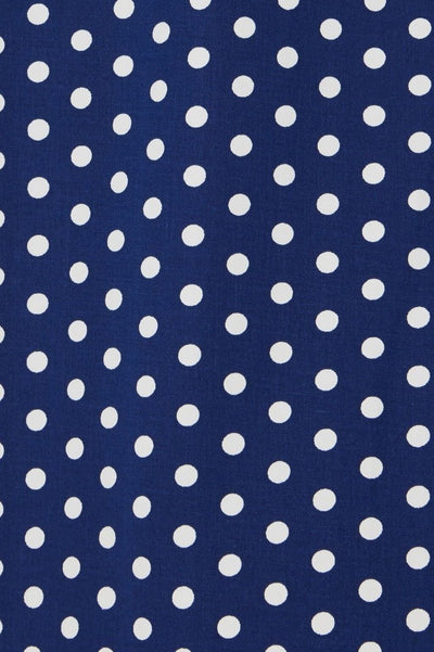 dark blue fabric, with white polka dots