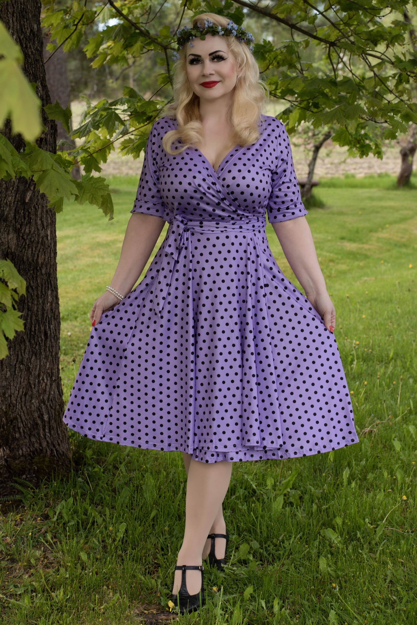 Lavender Polka Dot Wrap Dress