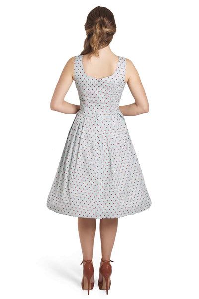 Model wearing Light Blue & Red Polka Swing Dress