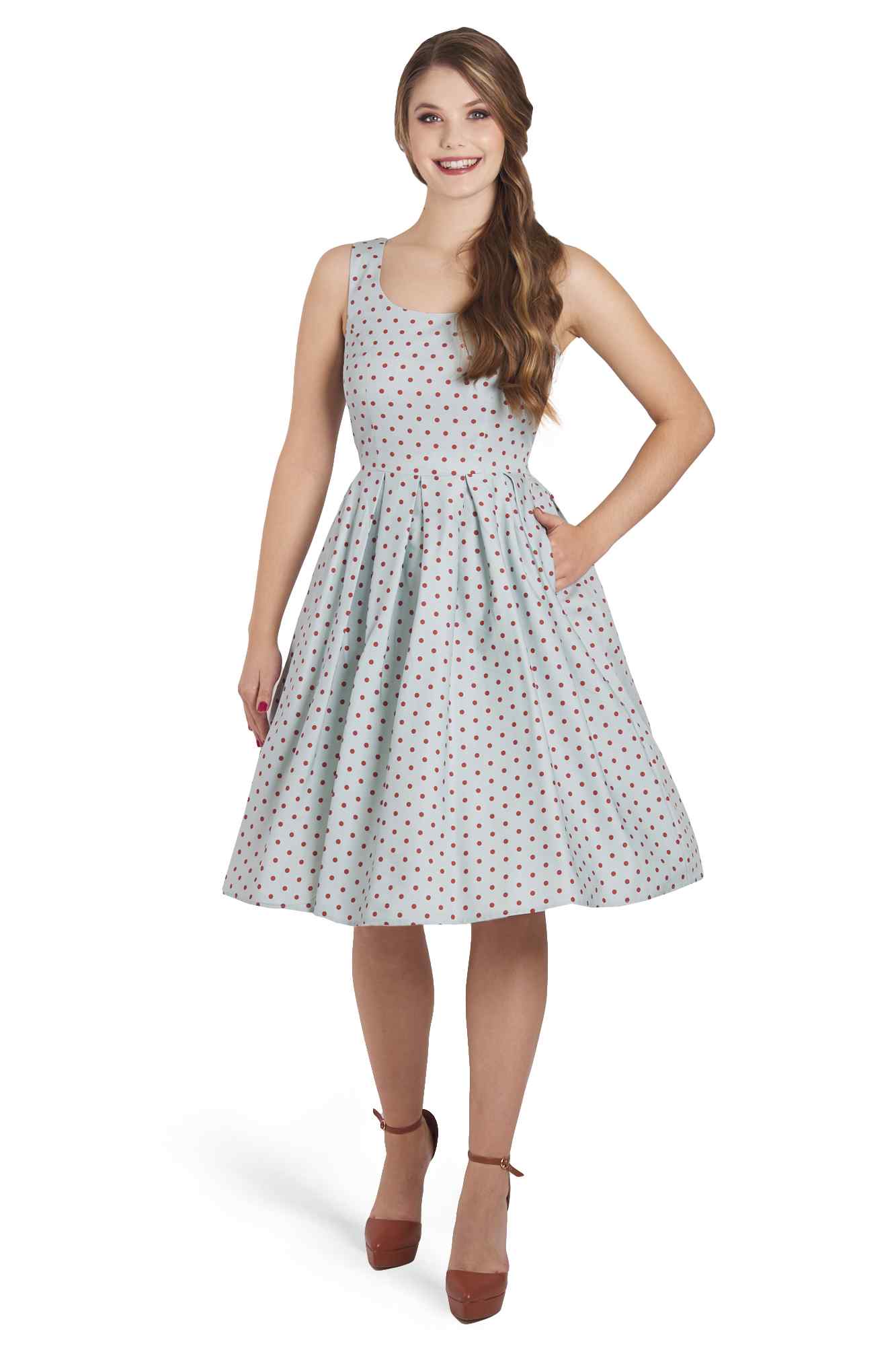 Model wearing Light Blue & Red Polka Swing Dress