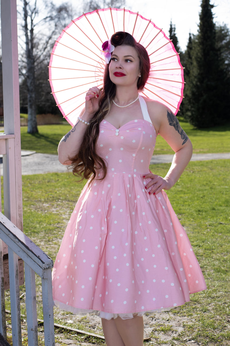Sophia Light Pink Polka Dot Halterneck Dress - Dolly & Dotty