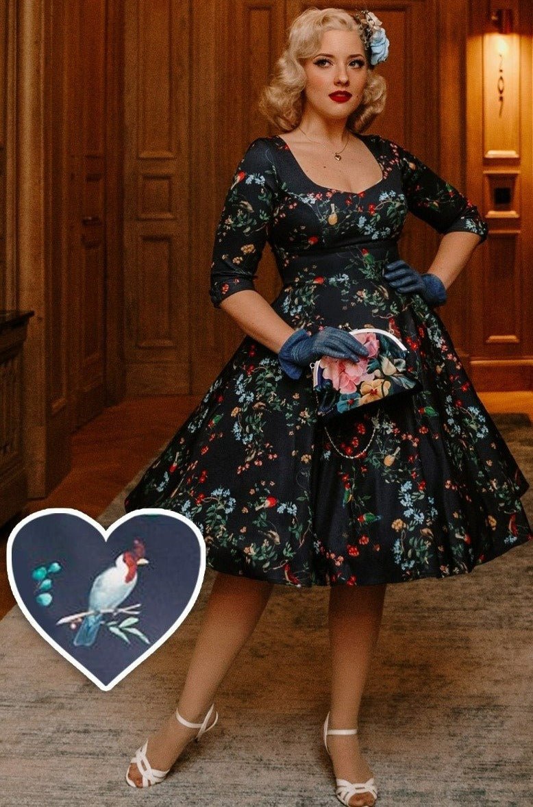 Scarlette Long Sleeved Navy Bird Print Midi Dress1