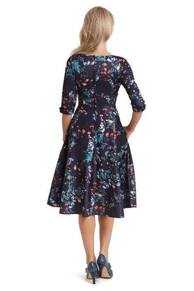 Scarlette Long Sleeved Navy Bird Print Midi Dress4