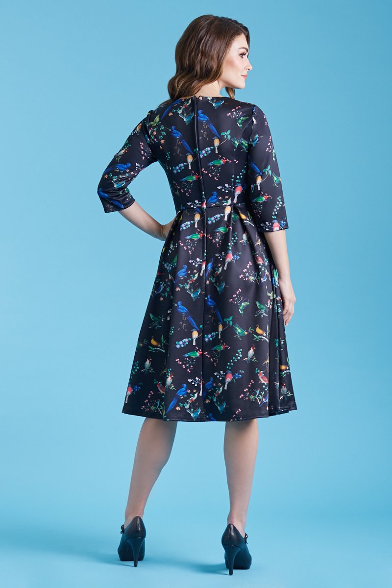 Back view of Long Sleeved Midi Dress in Black Bird Print