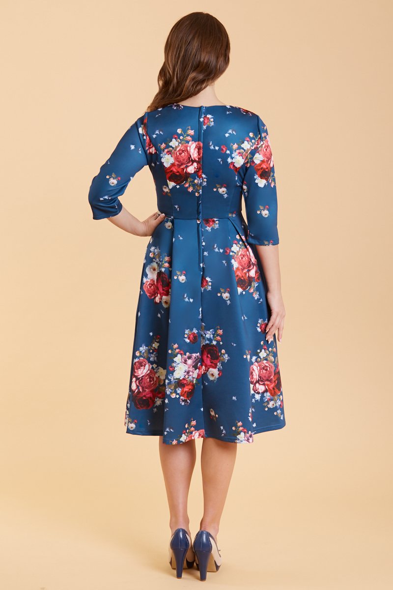 Back view of Long Sleeved Navy & Red Floral Midi Dress