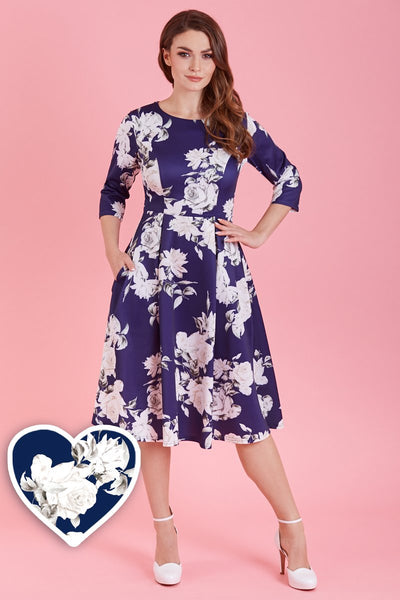 Front view of Long Sleeved Navy & White Rose Midi Dress