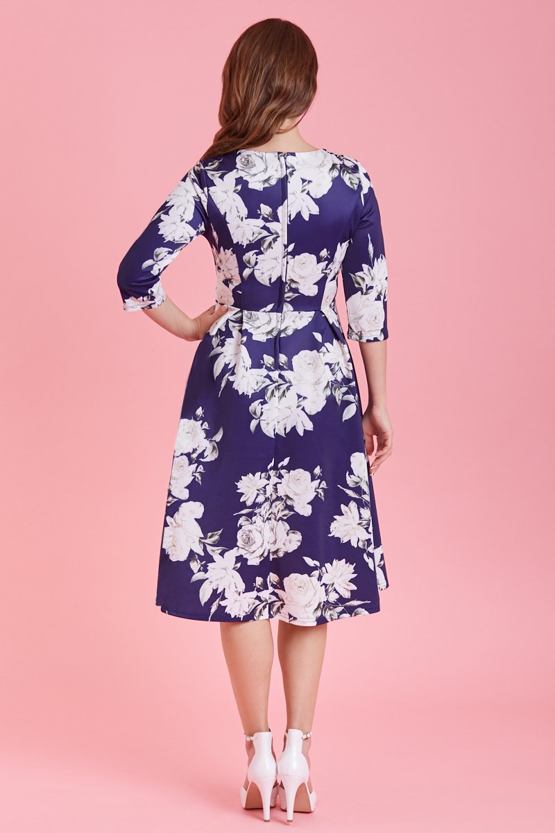 Back view of Long Sleeved Navy & White Rose Midi Dress