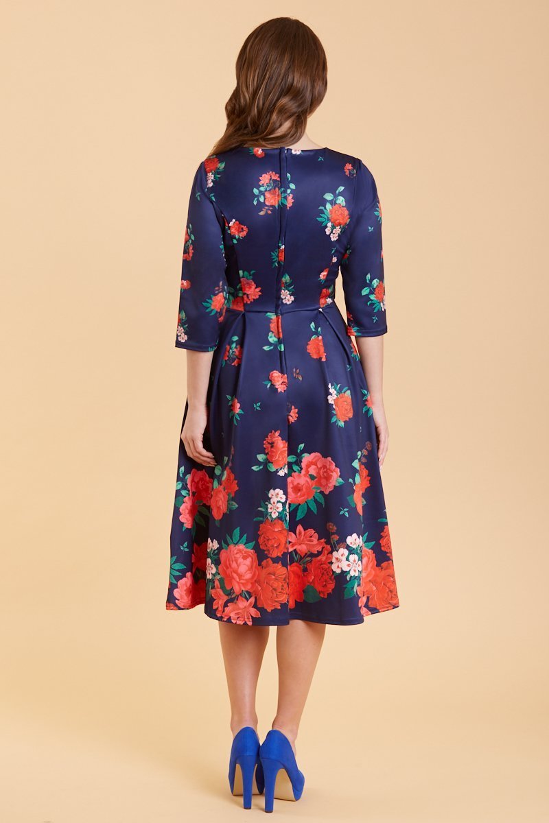 Back view of Long Sleeved Purple & Red Floral Midi Dress