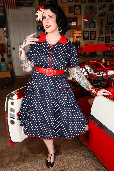 Navy Blue Polka Dot Rockabilly Shirt Dress