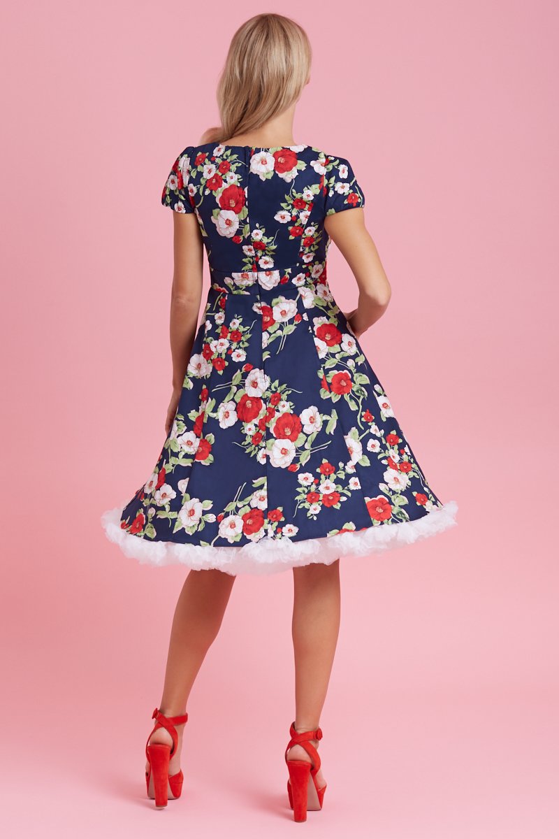 Back view of Navy & White Red Floral Swing Dress