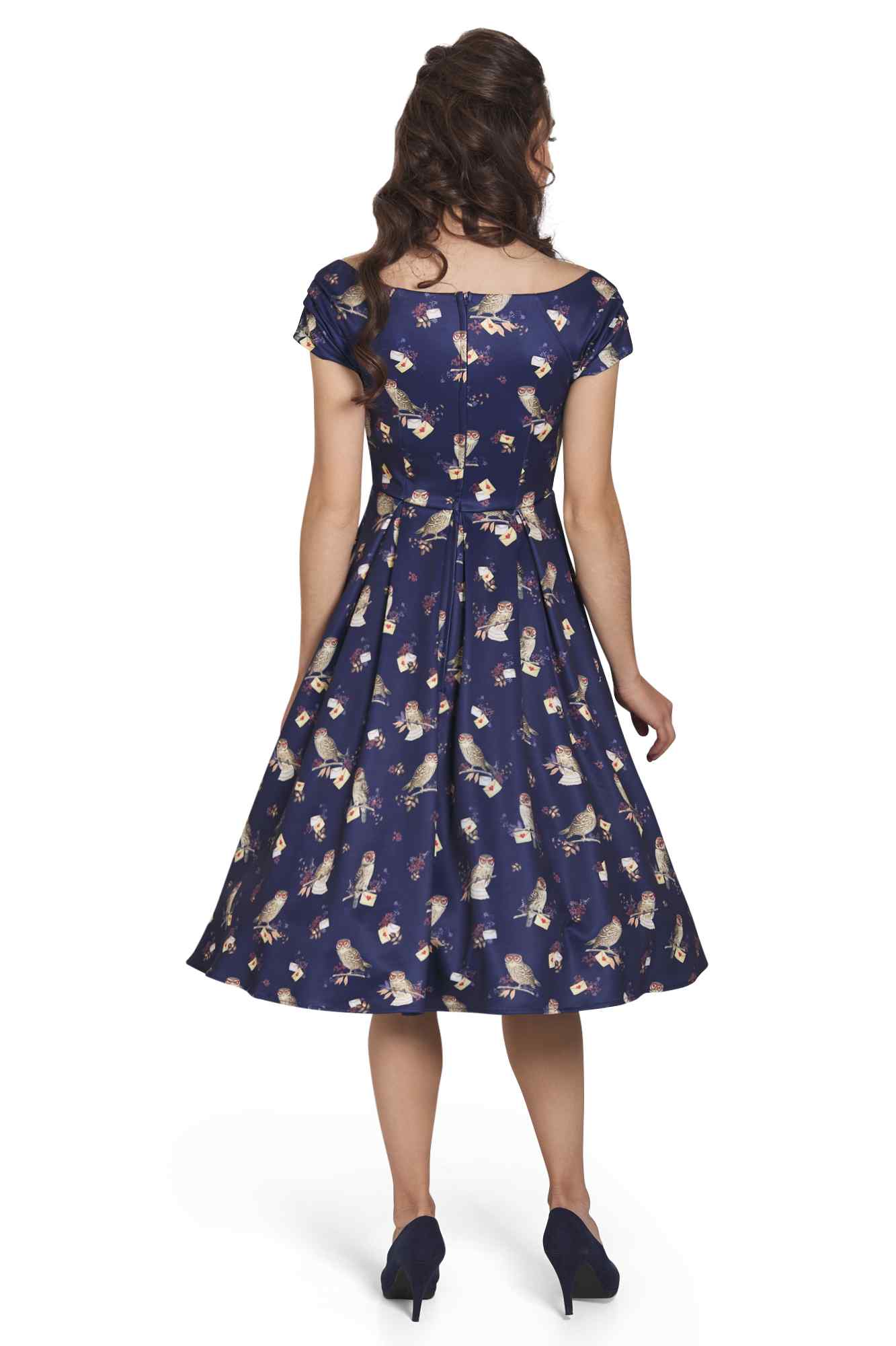 Model wearing Off Shoulder Navy Owl Swing Dress