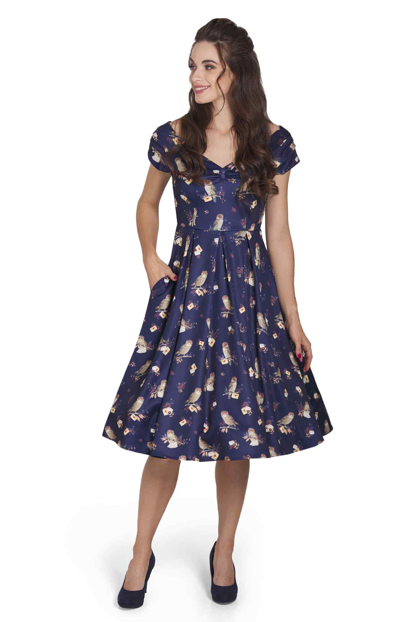 Model wearing Off Shoulder Navy Owl Swing Dress