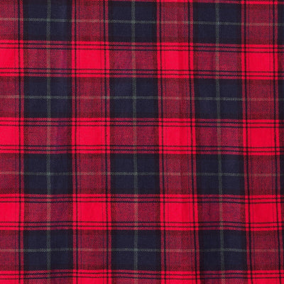 red and blue tartan plaid print fabric swatch