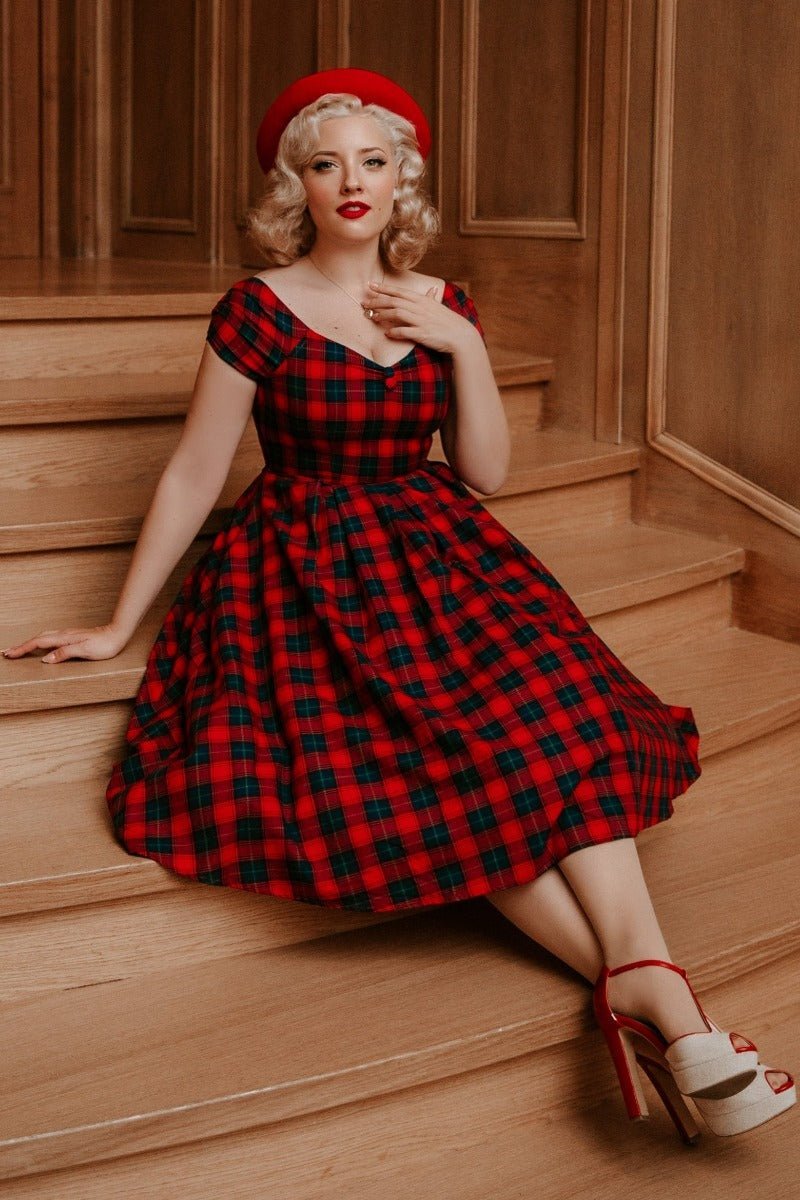 Women's Off Shoulder Swing Dress in Red Tartan