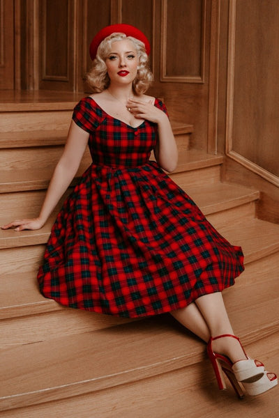 Women's Off Shoulder Swing Dress in Red Tartan