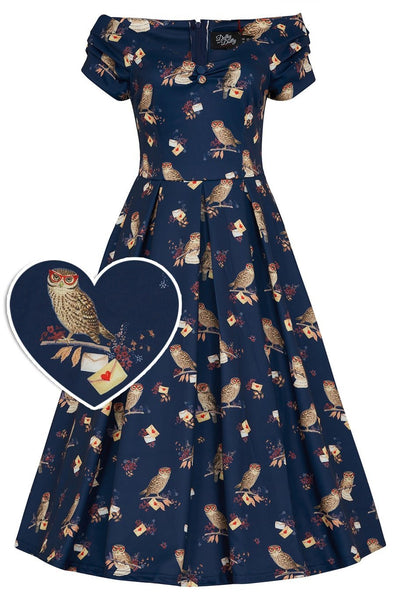 Off Shoulder Navy Owl Swing Dress