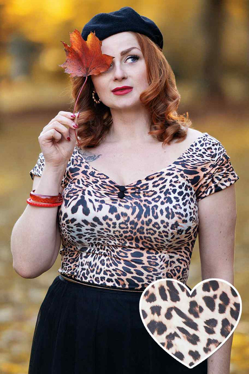 A model wearing a pin Up Off Shoulder Leopard Print Top