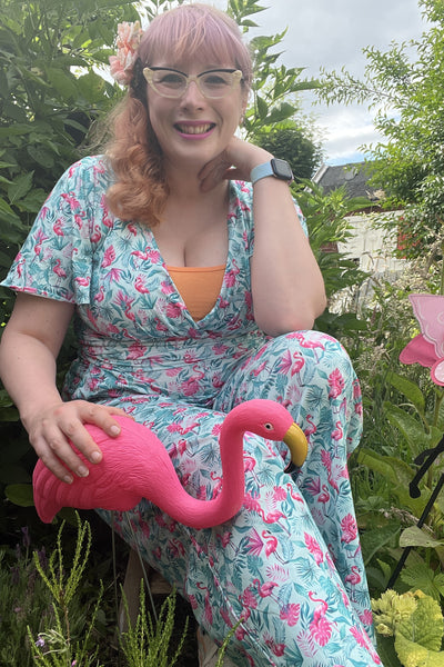 Model wearing Pink Flamingo Baby Blue Jumpsuit