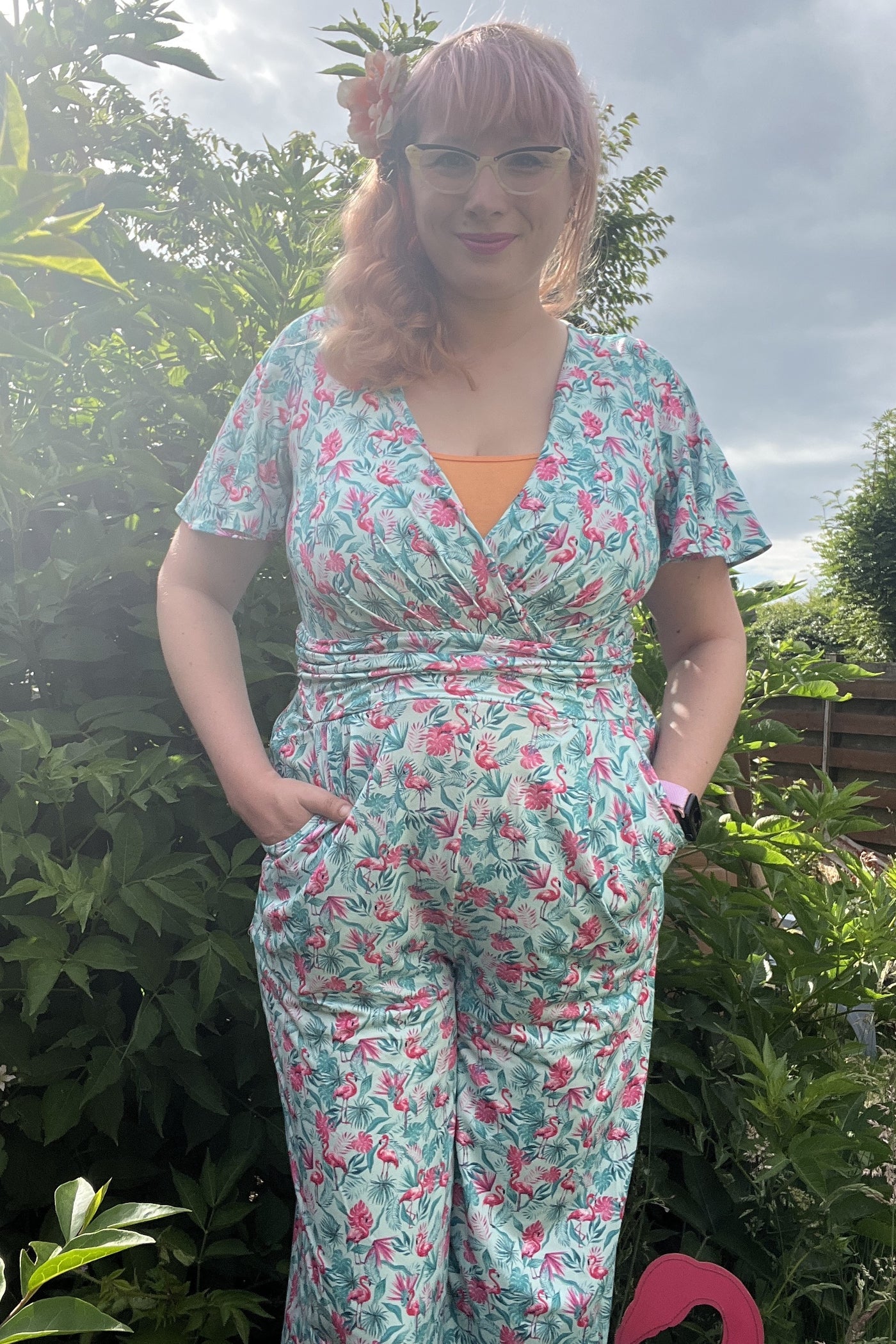 Model wearing Pink Flamingo Baby Blue Jumpsuit