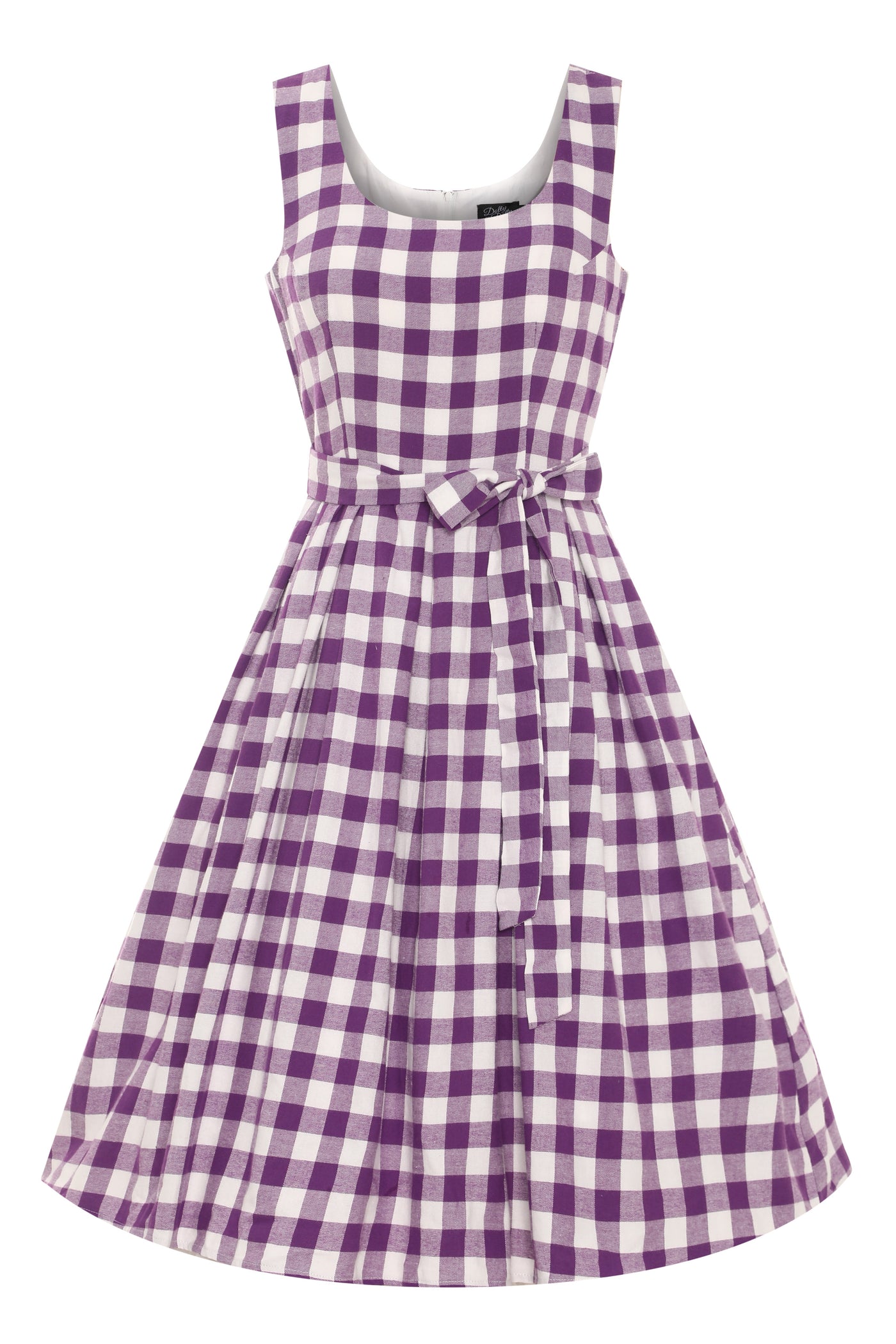 Front view of Purple Gingham Swing Dress