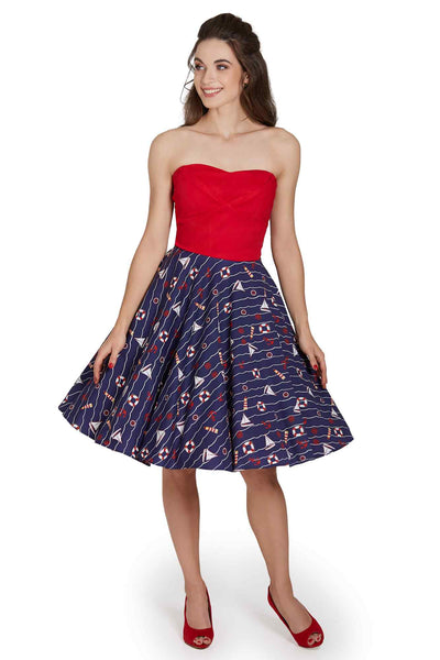 Model photo of Red & Navy Nautical Strapless Dress