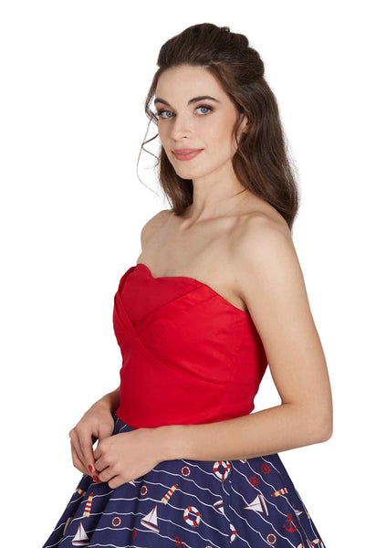 Model photo of Red & Navy Nautical Strapless Dress