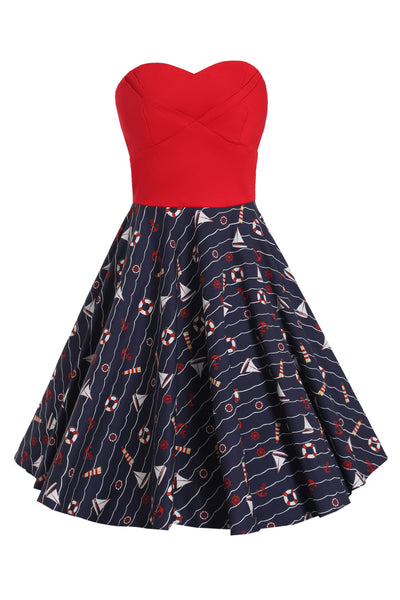 Red & Navy Nautical Strapless Dress