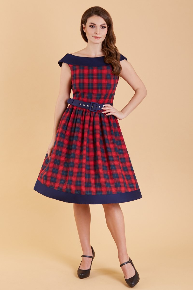 A model wearing Red & Navy Tartan Circle Dress