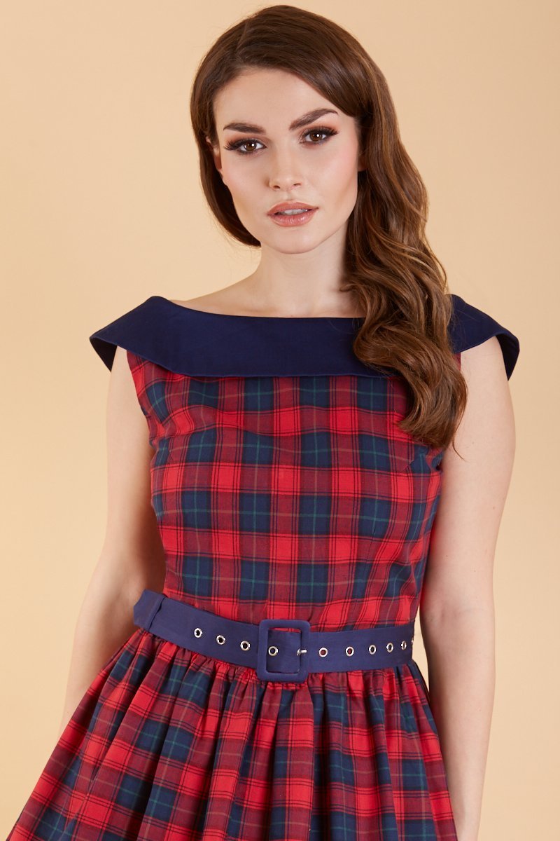 Close up view of Red & Navy Tartan Circle Dress