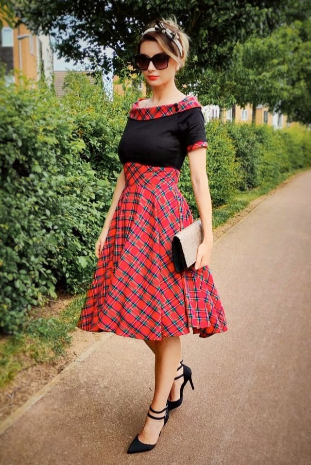 Women's Tartan Off Shoulder Swing Dress