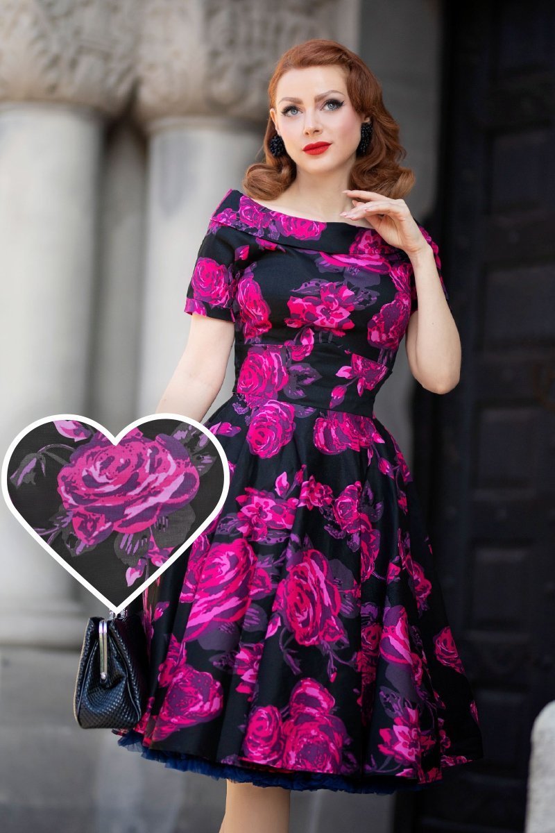 Darlene Retro Black-Pink Roses Swing Dress1