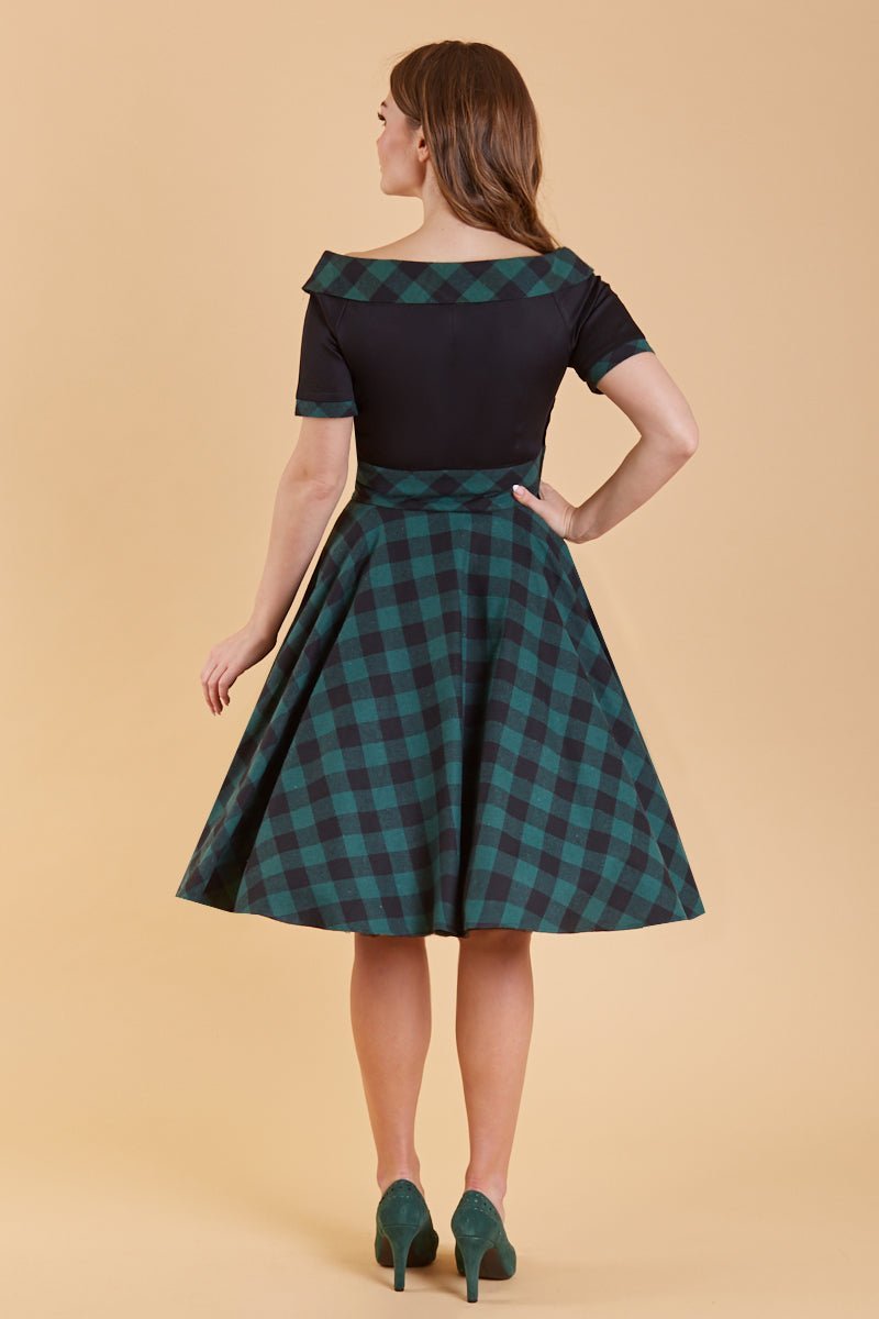 Back view of Retro Black & Green Tartan Swing Dress