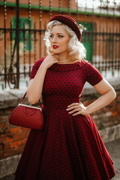 Retro Burgundy Polka Dot Swing Dress