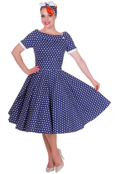 Retro Polka Dot Swing Dress in Dark Blue front view