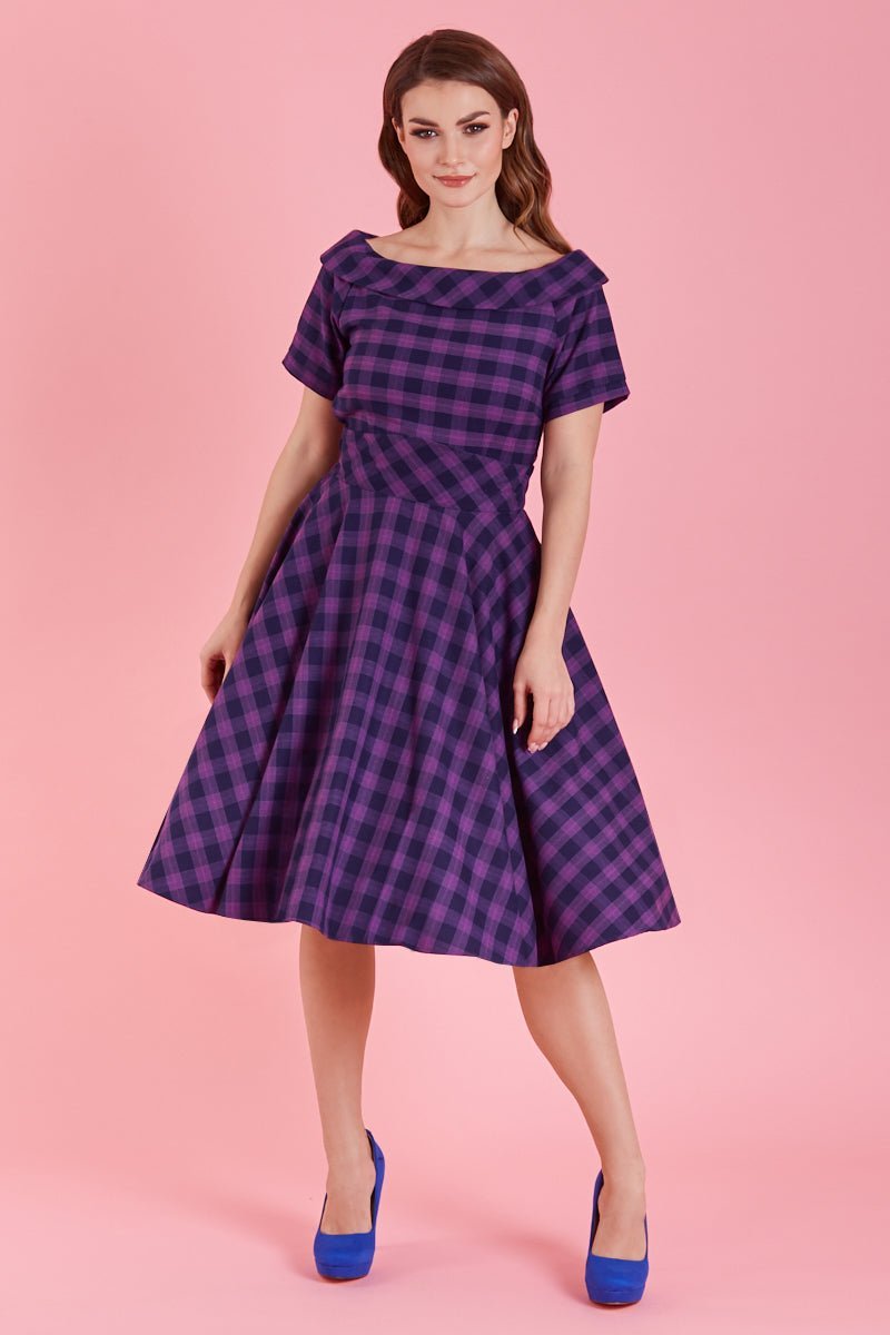 A model wearing Retro Purple Tartan Circle Dress