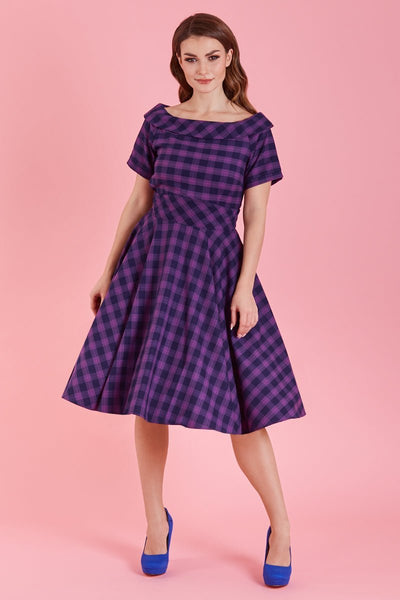 A model wearing Retro Purple Tartan Circle Dress