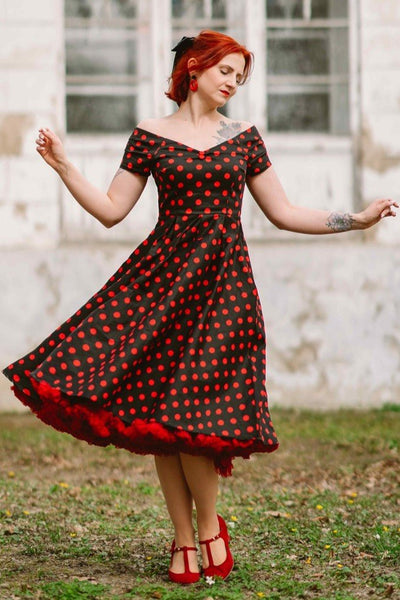 Rockabilly Polka Dot Off Shoulder Swing Dress In Black & Red