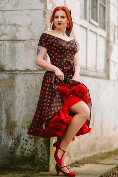 Rockabilly Polka Dot Off Shoulder Swing Dress In Black & Red