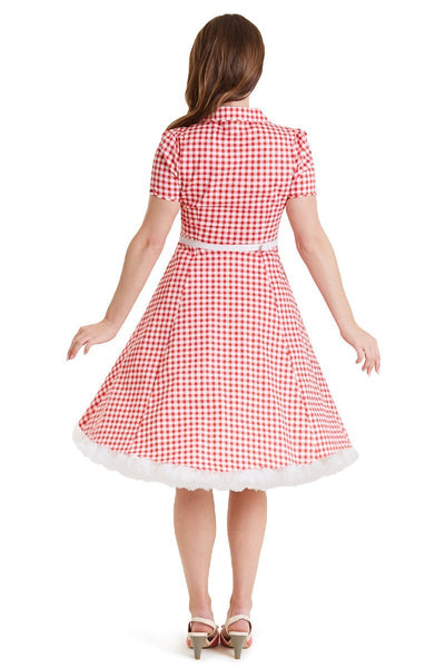 Model wears our short sleeve Penelope dress, in red and white gingham print, with petticoat, back view