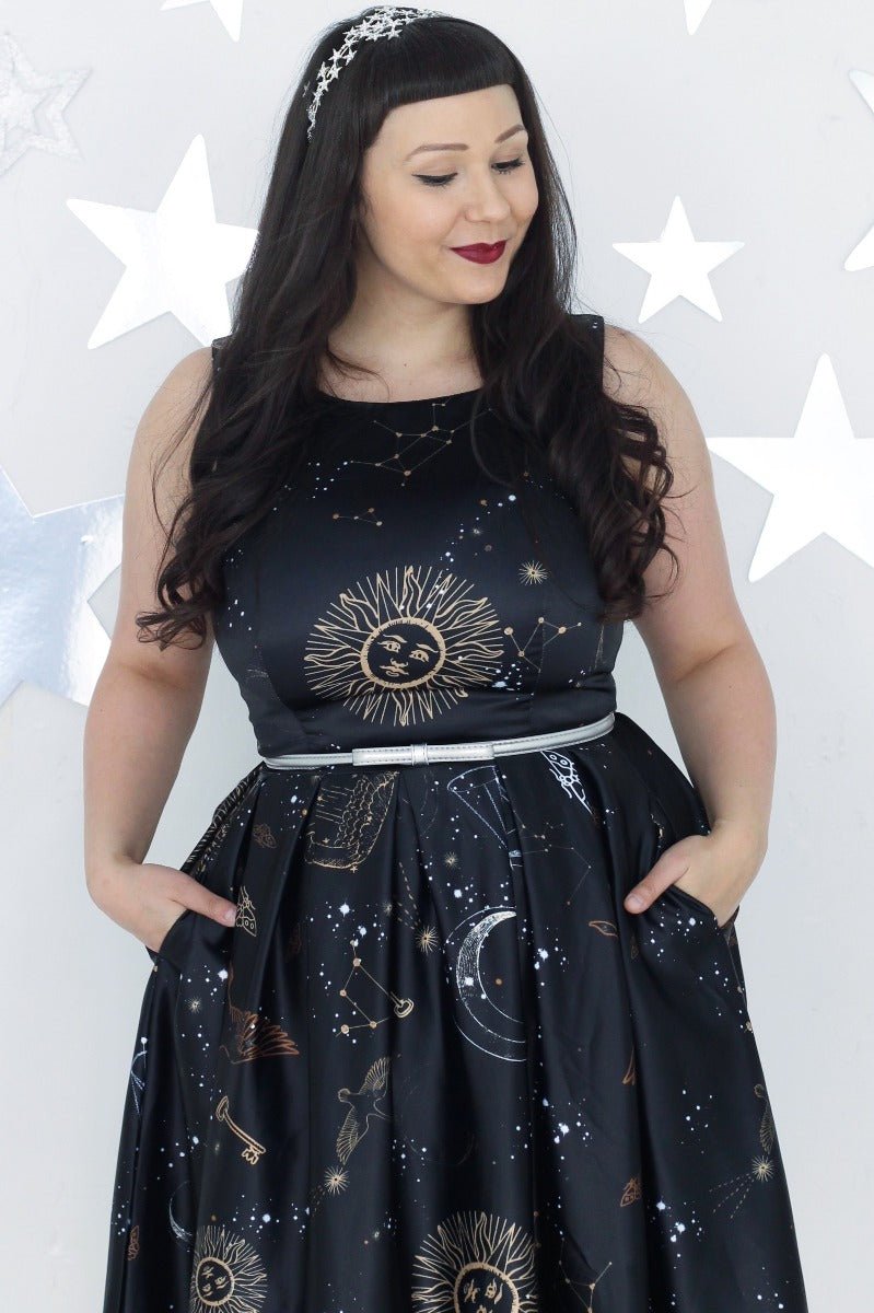 Annie Vintage Inspired Swing Dress in Black Astronomy Print