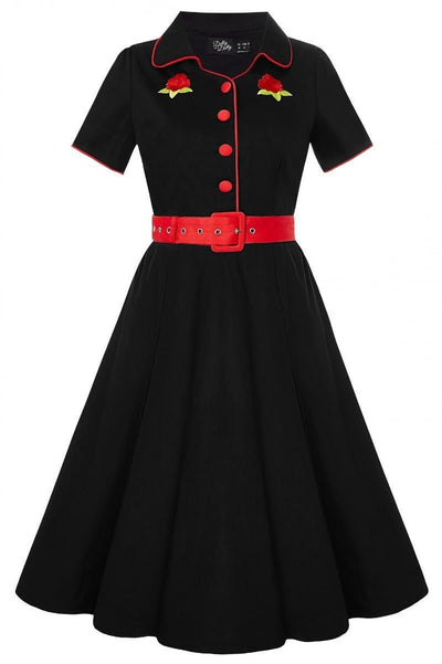 Short sleeved Sherry diner dress in black, with red buttons, belt and roses, front view