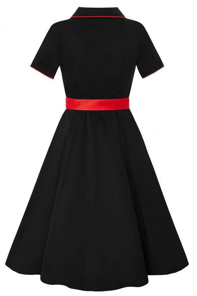 Short sleeved Sherry diner dress in black, with red buttons, belt and roses, back  view