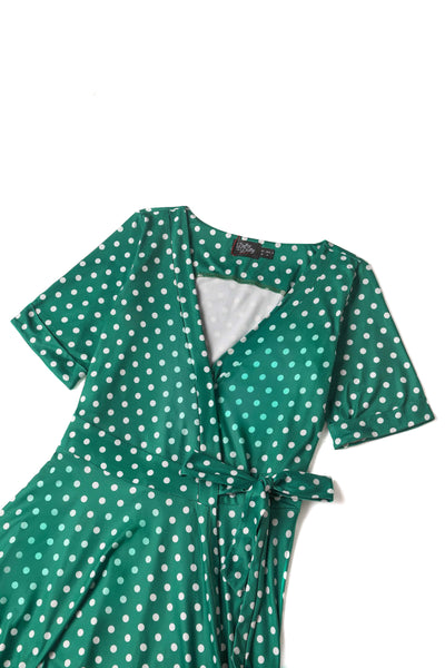 Stylish & Casual Green Polka Dot Wrap Dress for Every Occasion close up