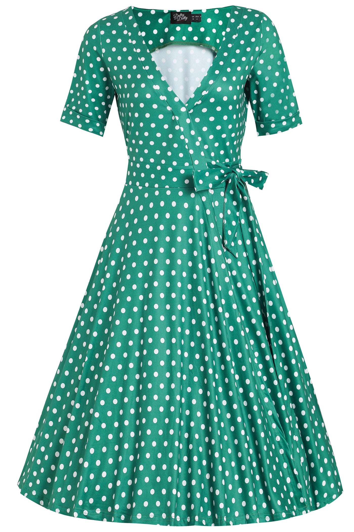 Stylish & Casual Green Polka Dot Wrap Dress for Every Occasion  front view