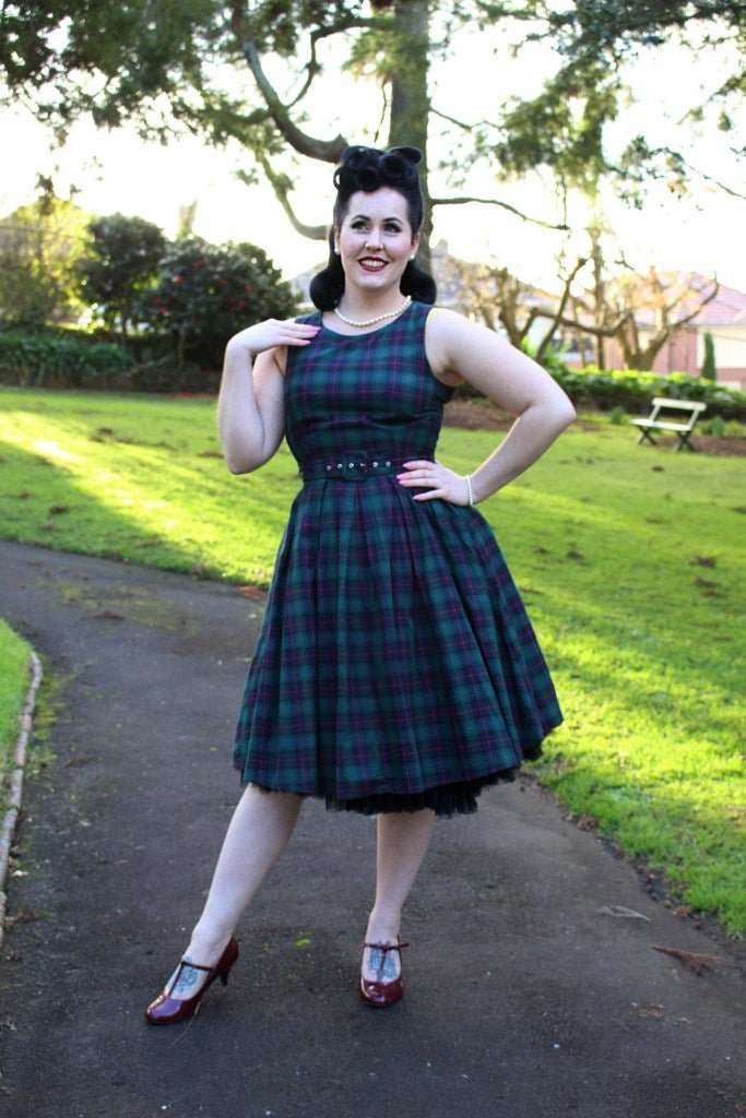 Retro Check Swing Dress in Dark Green