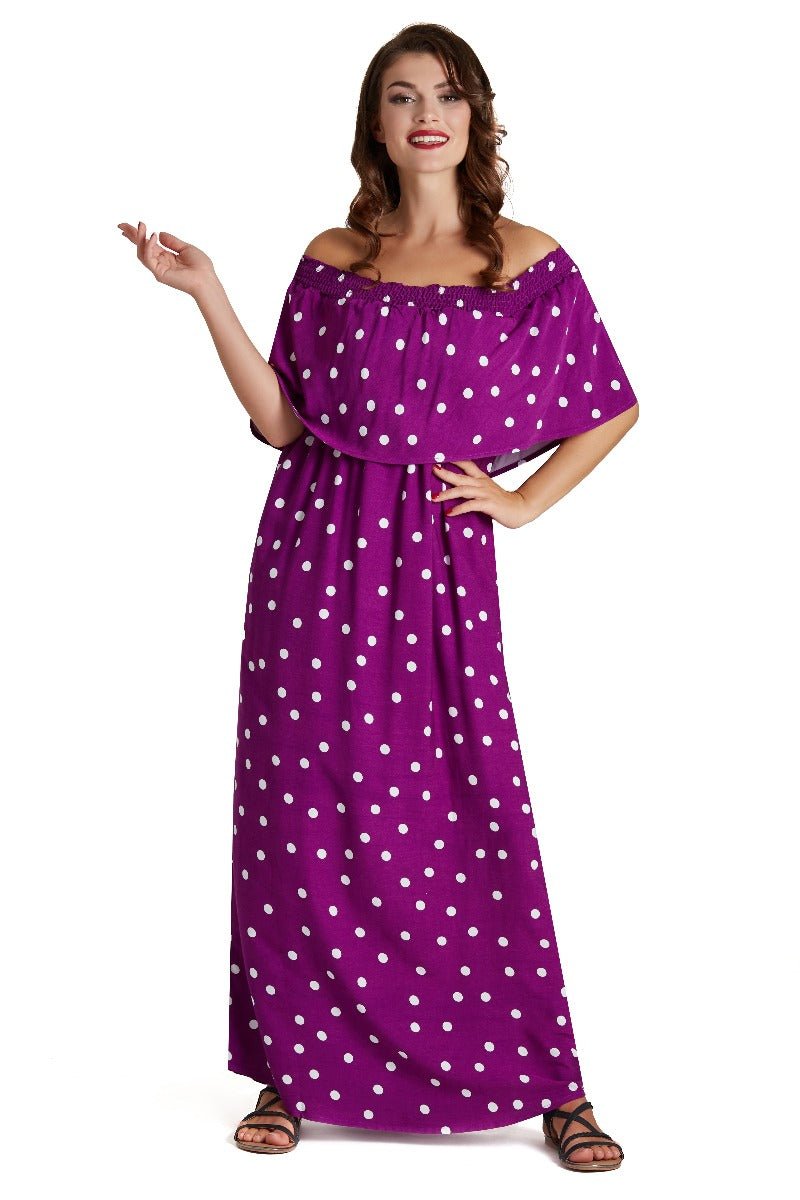 A model wearing Two-Way Off-Shoulder Maxi Dress in Polka Dot Print