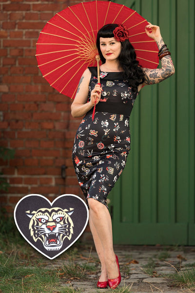 A model wearing an Old School Tattoo Wiggle Dress