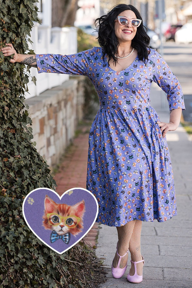 Purple Nerdy Cat Long Sleeved Dress