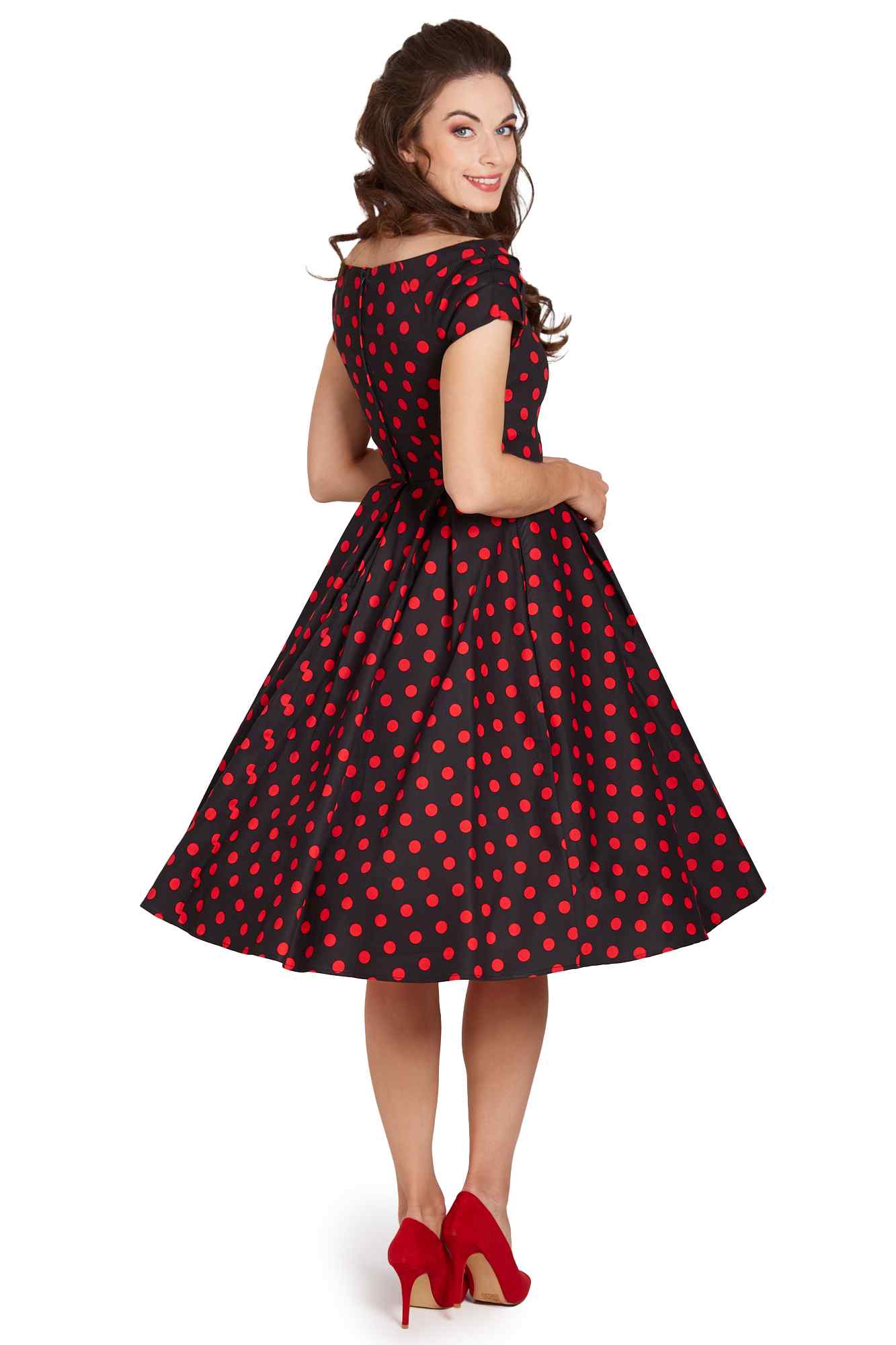 Model wearing a Rockabilly Polka Dot Off Shoulder Swing Dress In Black & Red