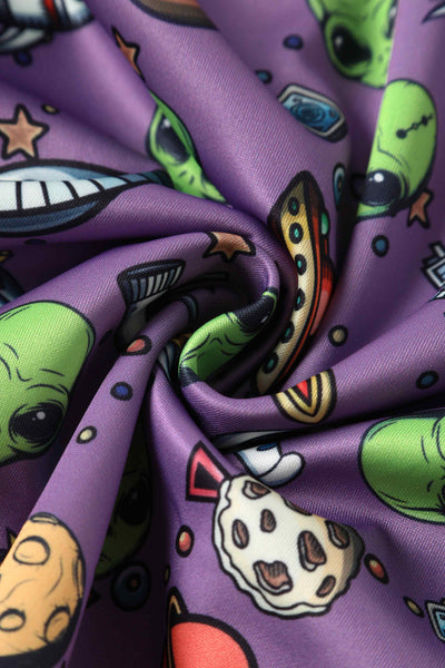 Close up view of Alien and UFO Space Print Dress in Purple